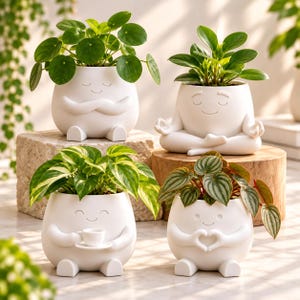 May include: Four white ceramic planters shaped like small figures with faces. One figure sits with arms crossed, one in a lotus pose, one holds a tiny cup and saucer, and one forms a heart shape with its hands. Each holds a different green plant.