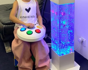 Sensory Bubble Tube Floor Lamp - 32" LED Color Changing Water Column Aquarium with Fish - Autism ADHD Calming Corner Therapy Room Decor