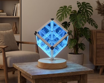 LED Infinity Cube Sensory Light Art Aid, Interactive Calming Toy, Wood Base Home Decor
