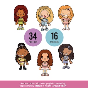 May include: Six cartoon character illustrations featuring diverse hairstyles and outfits, including headsets on some figures. Text displays 34 PNG FILES and 16 SVG FILES. A bottom banner states assorted sizes, with most graphics measuring approximately 1300px in height (around 18.5 inches).