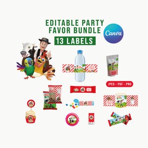 Könnte beinhalten: Ein bearbeitbares Party-Set mit 13 Etiketten und Zeichentrickfiguren im Bauernhof-Design. Das Set enthält Vorlagen für Wasserflaschen, Snacktüten, Süßigkeitenverpackungen und Cupcake-Topper, die alle den Text La Granja de Mateo aufweisen.
