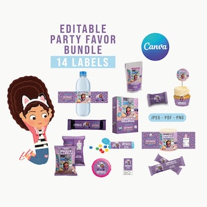 Könnte beinhalten: Ein bearbeitbares Party-Set mit 14 Etiketten für Gabriela's Dollhouse. Das Set enthält violette und blaue Designs für Wasserflaschen, Schokoriegel, Snacktüten und Cupcake-Topper, die alle den Schriftzug Gabriela's Dollhouse tragen.