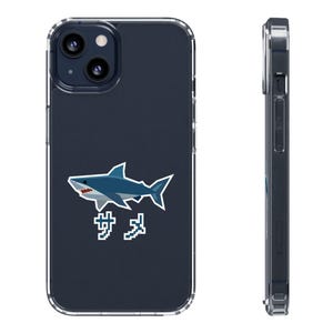 Pixel Art Shark Clear Phone Case with Japanese Katakana, Retro 8-bit Marine Animal Slim Cover for iPhone 17 16 15 14 Pro Max Plus, Gift