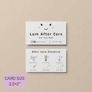 Op de afbeelding: Twee witte visitekaartjes met de tekst "Lash After Care" en "Your Shop Name". De bovenste kaart heeft een lachend gezicht. De onderste kaart heeft een "After Care Checklist" met pictogrammen en tekst. Kaartformaat is 8,9 x 5,1 cm.