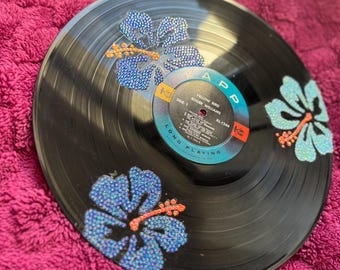 12” Vinyl Record Upcycled | Bedazzled Blue Hibiscus Flowers Wall Art