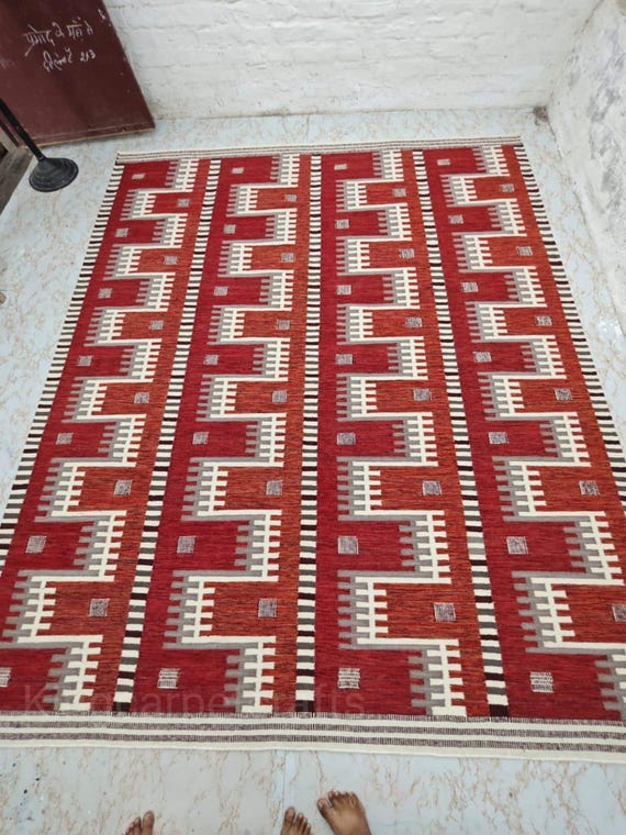 Handmade Red Geometric Kilim Rug | Modern Tribal Flat Weave Carpet | Vintage Style Area Rug