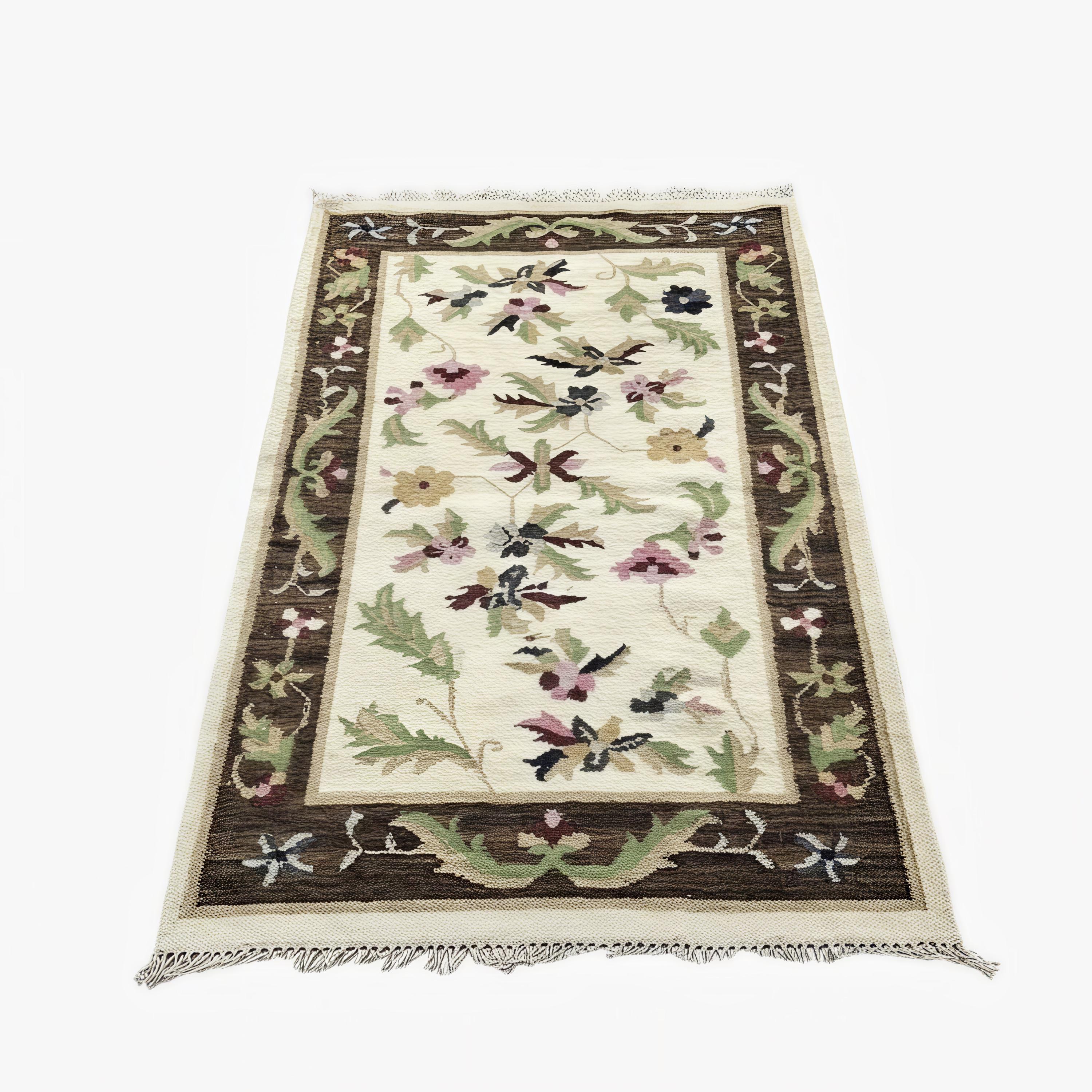 Handwoven Floral Aubusson Rug Cream Traditional French Country Vintage Style Wool Area Rug