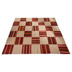 Handgeweven patchwork kilim tapijt, Scandinavisch geometrisch platgeweven tapijt, rood en crèmekleurig wollen vloerkleed