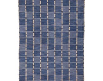 Handwoven Swedish Kilim Blue Checkered Wool Rug Handmade Flatweave Area Carpet Modern Design Home