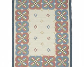 Handwoven Floral Border Rug, Blue Pink Wool Area Rug, Scandinavian Boho Decor