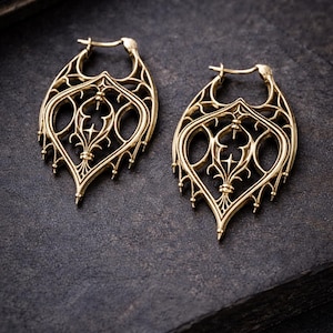 Gothic Gold Filigree Earrings | Dark Gothic Arch Drop Earrings | Medieval Fleur De Lis Statement Jewelry | Alternative Gift