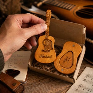 Personalized Guitar Pick Holder, Custom Guitar Gift for Dad, Music Lover Keepsake, Wooden Pick Case, Guitar Player Present