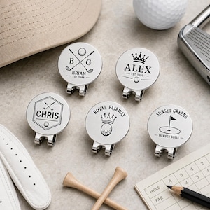 Custom Engraved Golf Ball Marker Hat Clip, Logo Tournament Favor, Corporate Gift, Bulk Packs