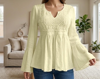 Women's White Cotton Boho Top, Bell Sleeve Casual Vacation Blouse