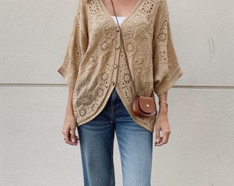 Chaqueta de crochet estilo bohemio, suéter de punto con encaje floral, top para vacaciones de primavera.