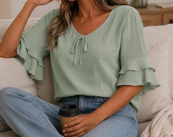 Ruffle Short Sleeve cotton Shirt for Women, V-Neck Casual Summer Blouse