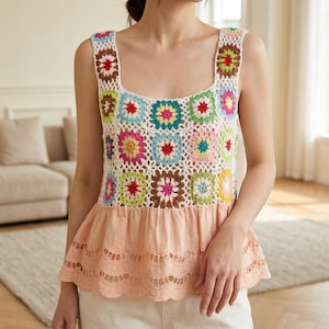 Colorful Crochet Knit Patchwork Vest, Boho Sleeveless Pullover, Cozy Layering Top