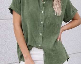 Women’s Vintage Cotton Linen Shirt – Loose Fit Stand Collar Single Button Top