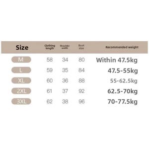 May include: A size chart with measurements for clothing. The chart includes sizes M, L, XL, 2XL, and 3XL. Measurements are provided for clothing length, shoulder width, bust size, and recommended weight in kilograms.