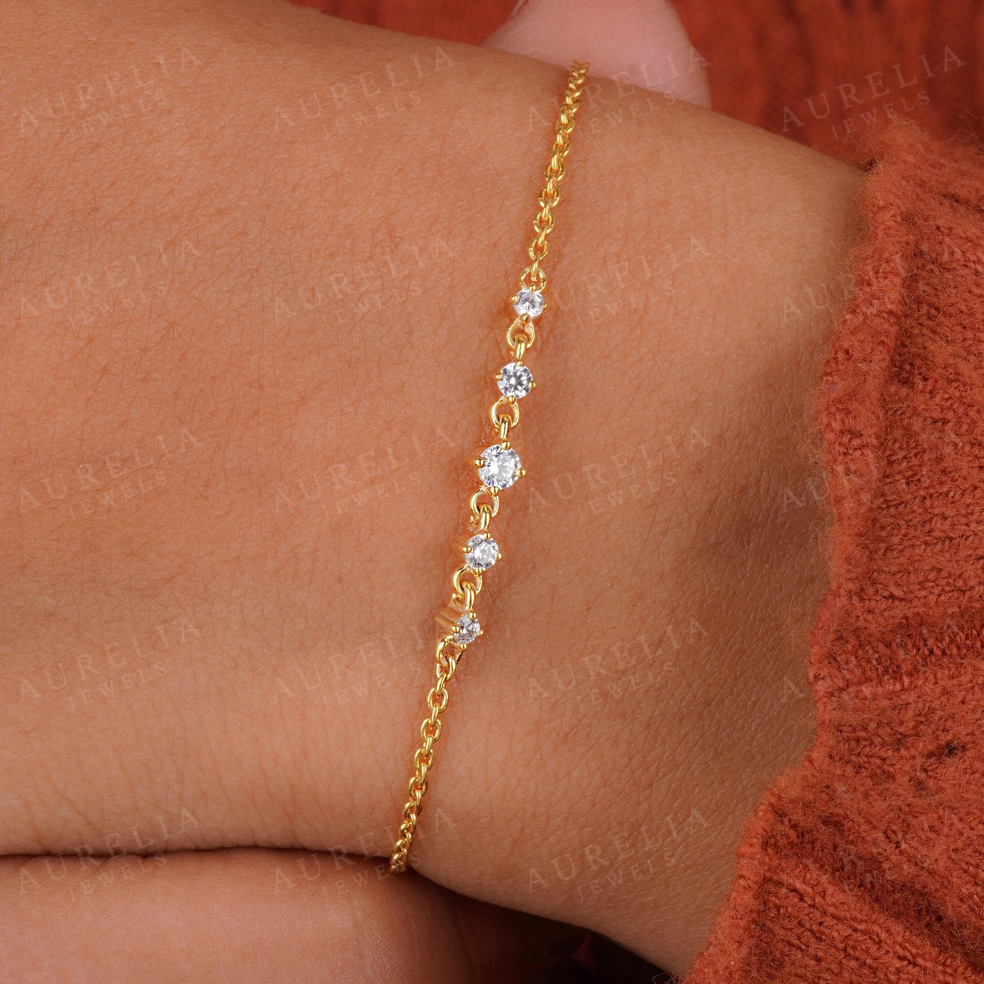 Lab Grown Diamond Five Stone Station Bracelet 18K Solid Gold Diamond Bracelet Dainty Chain Bracelet Anniversary Gift For Her