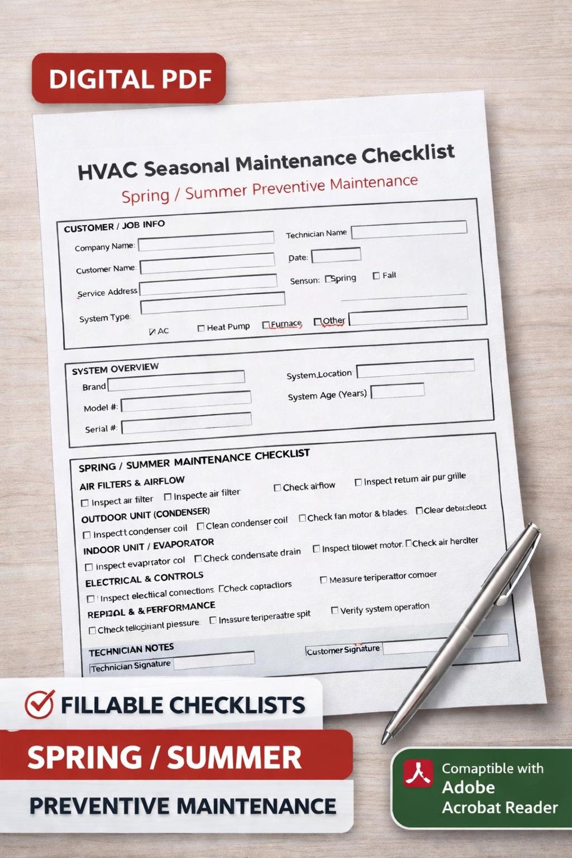 HVAC Seasonal Maintenance Checklist Spring Summer Fillable PDF Form for ...