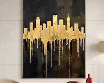 Original Black Gold City Skyline Oil Painting, Abstract Urban Wall Art, Modern Luxury Glam Decor for Living Room, Office, Entryway