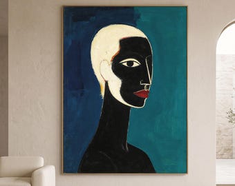 Original Abstract Portrait Wall Art, Modern Figurative Oil Painting, Blue Black Minimalist Canvas, Gallery Style Living Room, Bedroom Decor