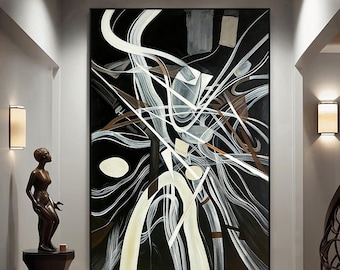 Original Large Black White Abstract Painting, Contemporary Curved Line Wall Art, Statement Canvas for Modern Foyer, Stairway, Living Room