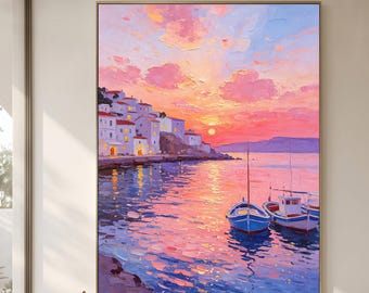 Mediterranean Sunset Painting, Coastal Harbor Wall Art, Original Hand Painted Canvas for Living Room, Bedroom, Office, Beach House Decor
