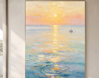 Original Sunset Sailboat Oil Painting, Textured Pastel Seascape Wall Art for Coastal Living Room, Bedroom, Entryway or Beach House Decor