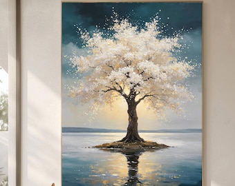 Original White Blossom Tree Oil Painting, Textured Blue Gold Landscape Wall Art for Modern Living Room, Bedroom, Entryway or Office Decor