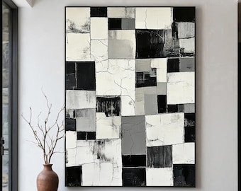 Original Wabi Sabi Abstract Oil Painting, Textured Neutral Wall Art, Black White Gray Canvas for Modern Living Room, Entryway Decor