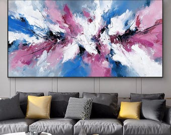 Original Pink Blue Abstract Oil Painting, Modern Wall Art, Large Canvas Decor for Living Room, Bedroom, Office, Hallway, Luxury Glam Art