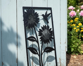 Metalen wanddecoratie met zonnebloem en kolibrie, tuinpaneel voor buiten, lasergesneden bloemenbord, decoratie voor terras of schutting, cadeau voor zonnebloemliefhebbers, bloemenwanddecoratie