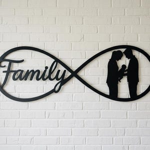 May include: Black metal family sign in an infinity symbol shape. The word "Family" is in cursive script. Silhouettes of a couple holding a baby are on the right side of the infinity symbol. The sign is mounted on a white brick wall.