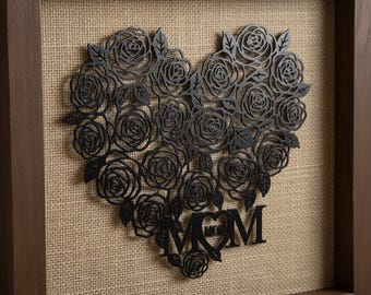 Metalen wanddecoratie met rozenhart voor mama, lasergesneden bloemenhart, rozenboeket als Moederdagcadeau.