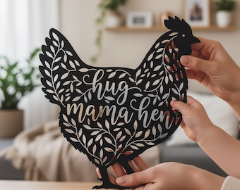 Knuffel Mama Kip Blad Metalen Muurdecoratie, Botanisch Kip Silhouet Lasergesneden Bord, Landelijke Keukendecoratie, Moeder Cadeau, Landelijke Kip Muurdecoratie