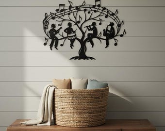 Metalen wanddecoratie met muziekboom, silhouet van een muziekgroep, metalen wanddecoratie met muzieknoten, cadeau voor muziekliefhebbers, moderne wanddecoratie voor thuis