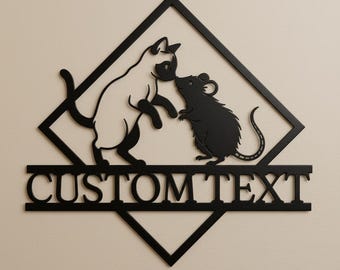 Gepersonaliseerd metalen bord met kat en muis, op maat gemaakte diamanten wanddecoratie met naam, lasergesneden speelse decoratie voor huisdierhek.