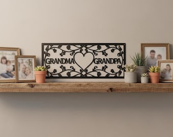 Metalen wanddecoratie voor oma en opa, gepersonaliseerd bord voor grootouders, jubileumcadeau met eigen naam, bloemenhart decoratie voor stel