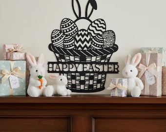Metalen wanddecoratie in de vorm van een paasmandje - Vrolijk paasei-bord met konijnenoortjes - Lentedecoratie voor de kinderkamer - Moderne landelijke wanddecoratie - Cadeau voor de feestdagen