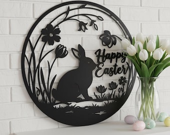 Fijne Pasen metalen wanddecoratie - Gedetailleerd konijntje en wilde bloemen - Lente natuur woondecoratie - Ronde bloemen konijn wandhanger - Feestcadeau