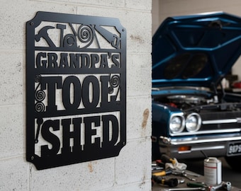 Metalen wanddecoratie voor opa's gereedschapsschuur, gepersonaliseerd naambord voor de werkplaats, garagedecoratie, Vaderdagcadeau, werkplaats voor papa