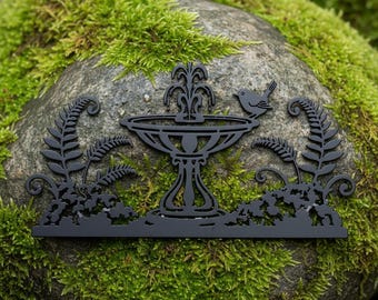 Metalen wanddecoratie met vogelfontein, lasergesneden bord voor in de tuin, decoratie voor buiten op het terras, wanddecoratie met varenbladeren, cadeau voor vogelliefhebbers, tuindecoratie voor mama