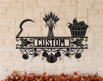 Gepersonaliseerde metalen wanddecoratie met herfstthema, Thanksgiving-bord, herfstdecoratie van metaal met sikkeltarwe en pompoenen, wanddecoratie in boerderijstijl.