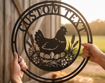 Plaque métallique personnalisée pour ferme avicole, Décoration murale personnalisée pour poulailler, Décoration de ferme avec poules, Plaque personnalisée avec le nom de la ferme, Cadeau pour amoureux des poules