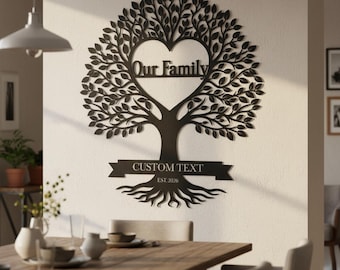 Gepersonaliseerde metalen familieboom wanddecoratie, hartvormige boom wanddecoratie, gepersonaliseerd naambordje voor de familie, metalen levensboom met wortels