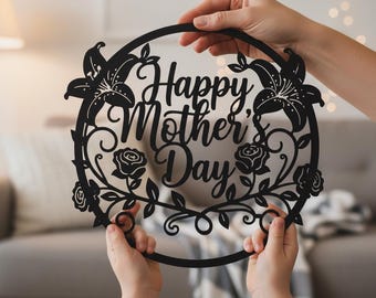Fijne Moederdag! Metalen wanddecoratie, bloemenkrans met rozen, cadeau voor mama, Moederdag woondecoratie, lasergesneden metalen kunstwerk