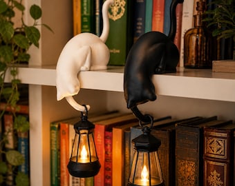 Gancho para gatos con farol para rincón de lectura, decoración de estantería con diseño de gato adorable, lámpara de estantería acogedora, decoración de librería, regalo para amantes de los gatos
