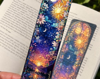 Personalized Stained Glass Sun Moon Celestial Bookmark, Custom Name Acrylic Bookmark Suncatcher